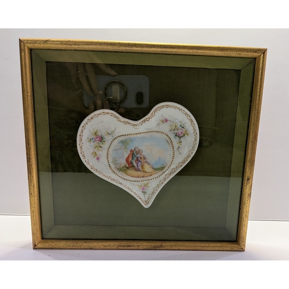 Kaufmann's Framed Heart Porcelain Dish Art Gold Shadowbox Fragonard Style Green